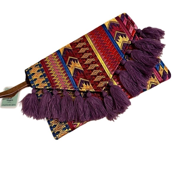 Ethnic Boho Large Clutch Suede Wristlet Bag Handmade Embroidery Tassels Indi NEW - Picture 7 of 16